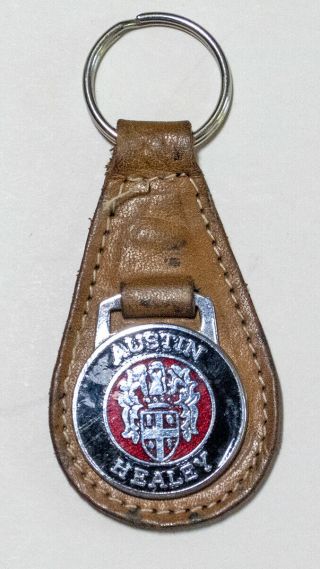Vintage Austin Healey Key Fob.  Leather And Enamel Badge.