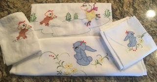 Embroidery Infant Crib Cradle Top Sheets W Pillow Cases - Vintage - Unisex