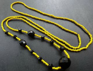 Vintage Art Deco French Jet Black Yellow Glass Bead Long Flapper Necklace - D439