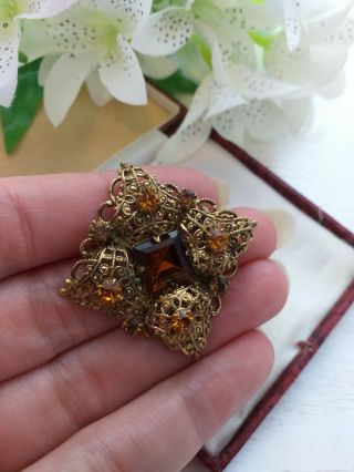 Vintage Old Jewellery - Czech Filigree Brooch Pin With Amber Glass Stones