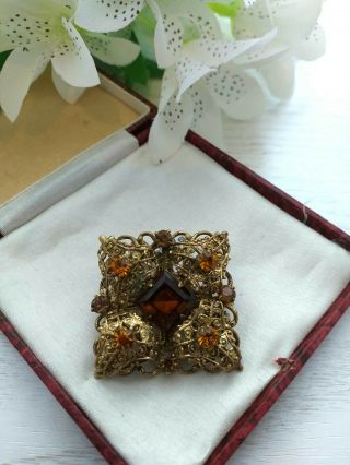 VINTAGE OLD JEWELLERY - CZECH FILIGREE BROOCH PIN WITH AMBER GLASS STONES 2