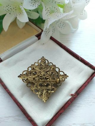 VINTAGE OLD JEWELLERY - CZECH FILIGREE BROOCH PIN WITH AMBER GLASS STONES 3