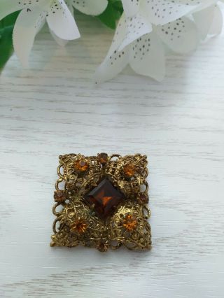 VINTAGE OLD JEWELLERY - CZECH FILIGREE BROOCH PIN WITH AMBER GLASS STONES 4