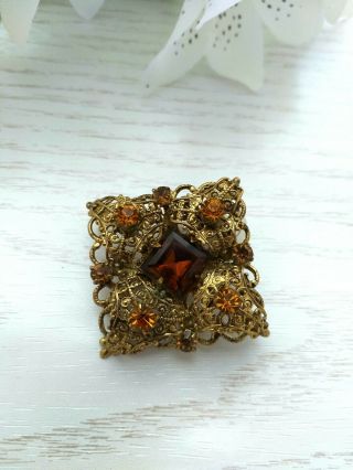 VINTAGE OLD JEWELLERY - CZECH FILIGREE BROOCH PIN WITH AMBER GLASS STONES 5