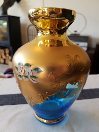 Vintage Bohemian Hand Painted Vase - Blue/gold - Bigaglia Murano