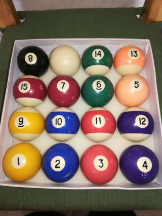 Vintage Billard Ball Set 6 Oz & 2 - 1/4 " Pool With Cue Striped And Solid 16