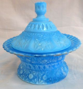 Vintage Blue Opalescent Slag Glass Covered Candy Dish