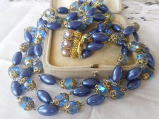 Vintage 1950s Triple Strand Blue Glass Pearl Necklace With Rainbow Crystals
