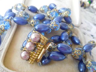Vintage 1950s Triple Strand Blue Glass Pearl Necklace with rainbow crystals 2