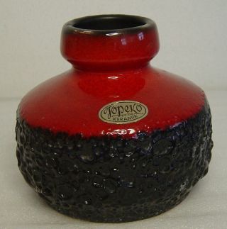 Vtg 60s/70s Red Pottery Vase With Fat Black Lava Signed Jopeko
