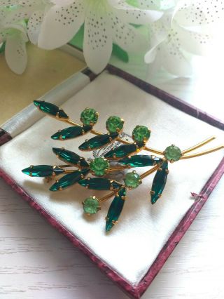 Vintage Old Jewellery - Leaf Spray Brooch With Green Navette Glass Stones.  C1950