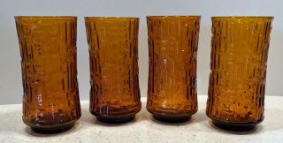 Vtg.  (4) Amber/orange Drinking Glasses Mid Century Retro Geometric 12 Oz Eames