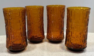 Vtg.  (4) amber/orange Drinking Glasses Mid Century Retro Geometric 12 oz Eames 2
