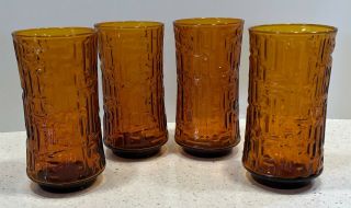 Vtg.  (4) amber/orange Drinking Glasses Mid Century Retro Geometric 12 oz Eames 3