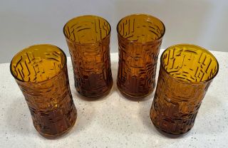 Vtg.  (4) amber/orange Drinking Glasses Mid Century Retro Geometric 12 oz Eames 5