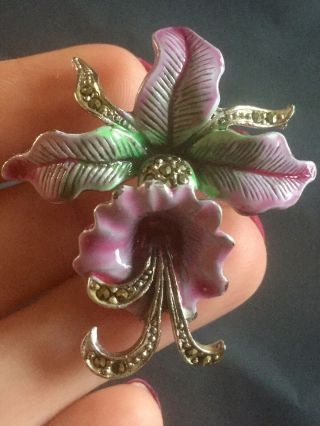 Vintage Jewellery Stunning Enamel Marcasite Orchid Brooch Pin