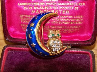 Vintage Signed Bj Jewelery Adorable Enamel Rhinestone Owl In Crescent Brooch Pin