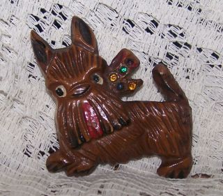 Vintage Celluloid Scottie Dog Pin With Rhinestones In Bow Tied At Neck