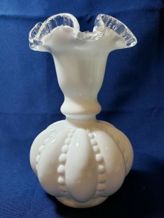 Vintage Fenton Beaded Melon Pattern Milk Glass Silver Crest Ruffle Edge Vase