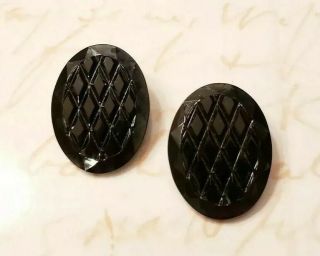 Vintage Made In Western Germany Black Glass Clip On Oval Earrings Argyle 1 3/8 "