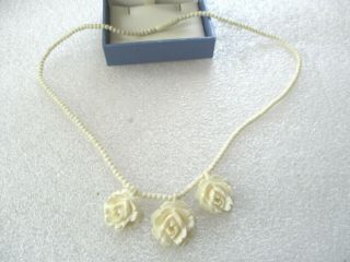 Vintage Carved Bovine Bone Flower Pendants 16 " Necklace