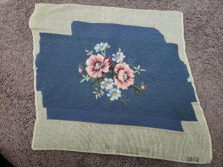 Vintage Petit Point Needlepoint Floral W/ Blue Background Almost Finished
