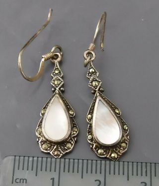Vintage Sterling Silver Drop Earrings With Mother Of Pearl W Marcasite
