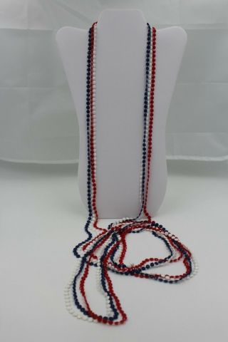 Vintage Necklace 88 " 3 Strand Flat Bead Red,  White & Blue Colored