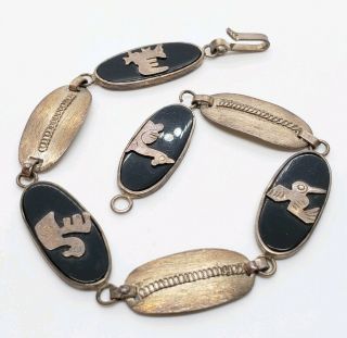 Petite Vintage Signed 925 Sterling Silver Black Art Glass Peruvian Link Bracelet