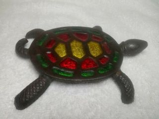 Vintage Cast Iron and Stained Glass Turtle Trivet 2
