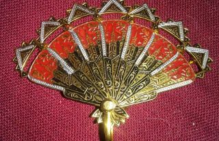 Vintage Spain Damascene Fan Brooch Pin Red White Enamel Gold Tone