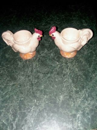 Vintage Set Of 2 Ceramic Chicken Poached / Boiled Egg Cup Holders Marked Mc