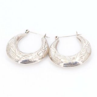 Vtg Sterling Silver - Etched Filigree Crescent Moon Hoop Earrings - 7.  5g