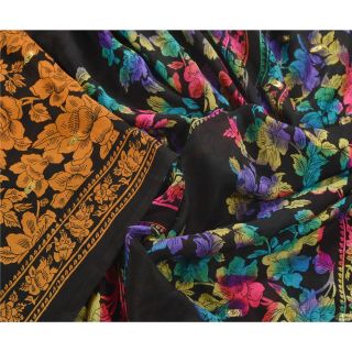 Sanskriti Vintage Black Saree 100 Pure Silk Printed Craft Decor Fabric Sari