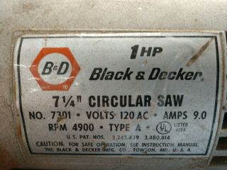 Vintage Black & Decker Circular Saw Model 7301 1 HP 7 1/4 