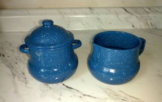 Vintage Blue Speckled Enamelware Covered Sugar Bowl And Creamer