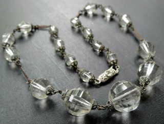 Vintage Art Deco Clear Glass Bead Fancy Beadcap Necklace - A449