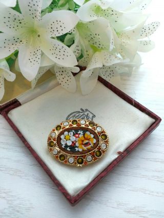 Vintage Old Jewellery - Oval Micro Mosaic Flower Brooch Pin.  Italian C1950.