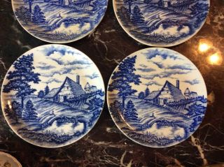 Set Of 4 Vintage Blue And White Porcelain Farmhouse Plates
