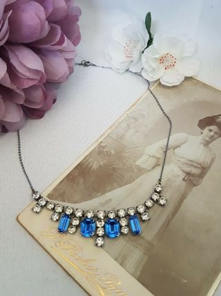 Gorgeous Vintage 1950s Blue & White Crystal Diamante Necklace