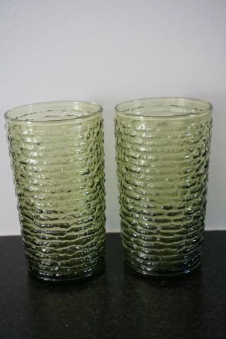 2 Vintage Mcm Anchor Hocking Soreno Green Glass 5 " Tumblers - Drinking Glass