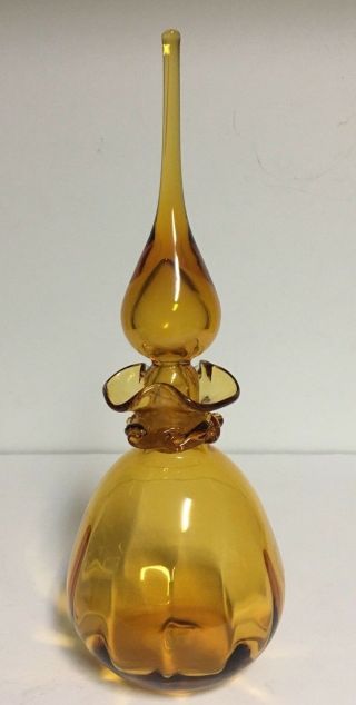 Vtg Hand Blown Art Glass Amber Decanter Pear Shade,  Bubble Stopper Twisted Glass
