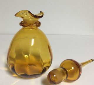 Vtg Hand Blown Art Glass Amber Decanter Pear Shade,  Bubble Stopper twisted glass 2
