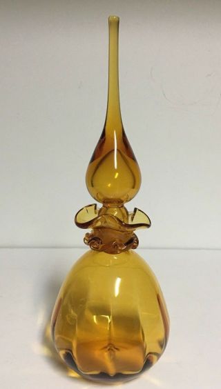 Vtg Hand Blown Art Glass Amber Decanter Pear Shade,  Bubble Stopper twisted glass 3