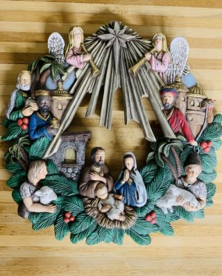 Hand Painted Wreath Nativity Scene Vintage Ceramic.