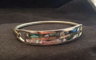 Taxco Bracelet Mexico Abalone Alpaca Silver 6 - 5/8 " Vintage Hinged Shell Inlay