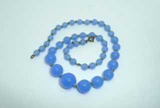 Vintage Art Deco Czech Graduating Blue Satin Knotted Glass Bead Necklace