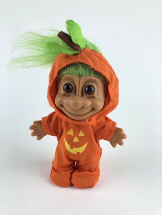 Vtg Russ Troll Doll Halloween Pumpkin Jack O Lantern Orange Suit 4.  5 " Green Hair