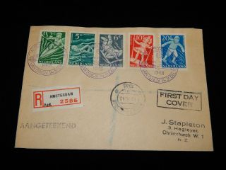 Vintage Cover,  Amsterdam,  Netherlands,  Registered,  Fdc,  1948,  Sport,  To Christchurch Nz