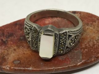 Vintage Deco 925 Sterling Silver Mother Of Pearl Marcasite Ring (sz 8.  75)